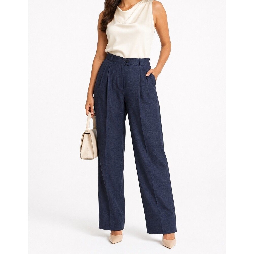 Zanella Women 12 Navy Blue Pleated Wool Dress Pants High Rise Trousers NWOT